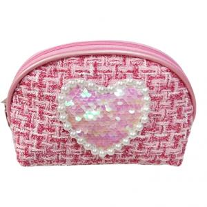 Chanel-style sequined heart makeup bag